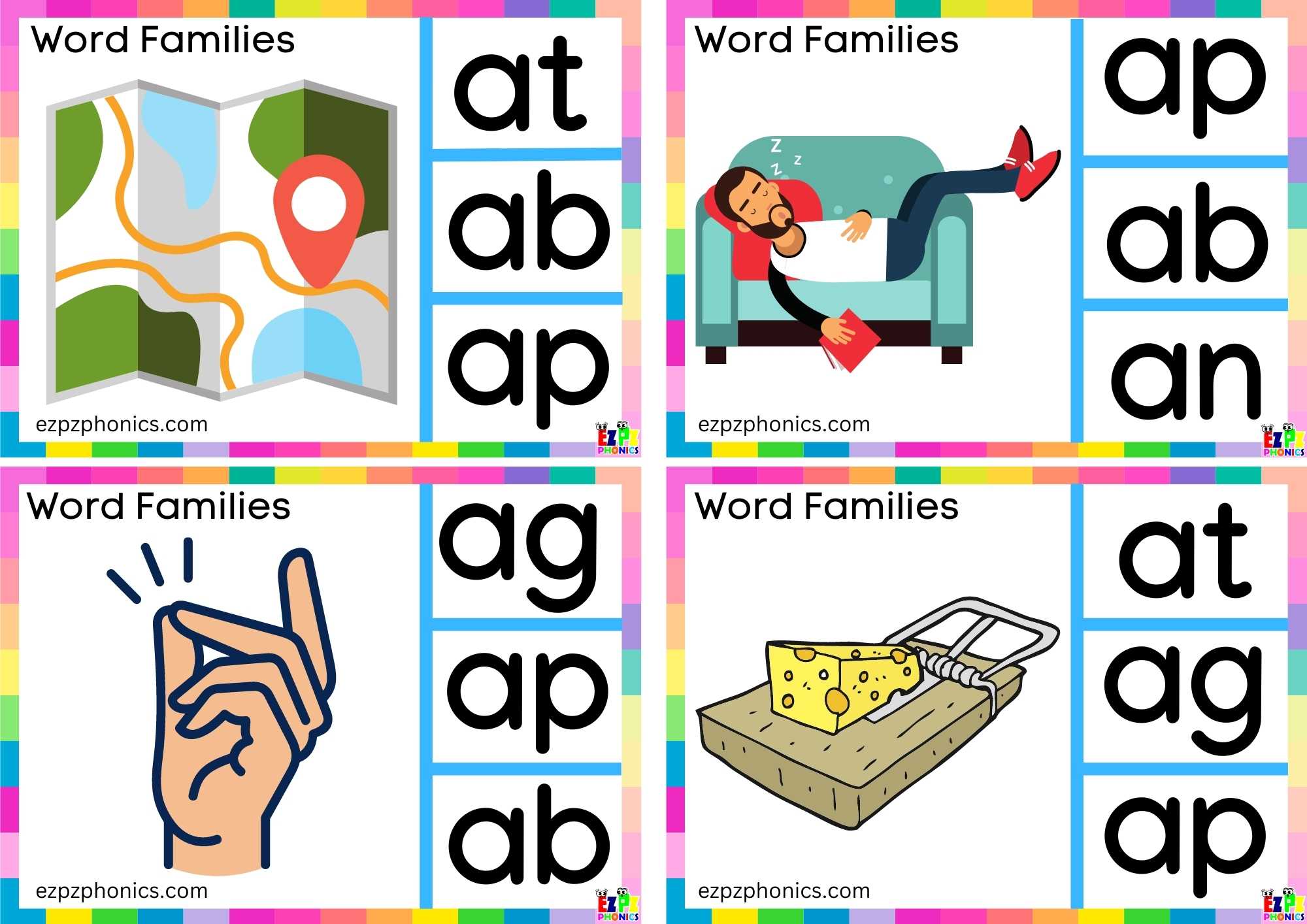 Word Family ap Look at the image and clip the correct letters clip cards. This set includes the words: map, nap, snap and trap